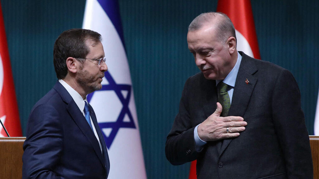 ארדואן והרצוג באנקרה, בחודש שעבר (צילום: AFP) נשיא המדינה יצחק הרצוג עם נשיא טורקיה רג'פ טאיפ ארדואן
