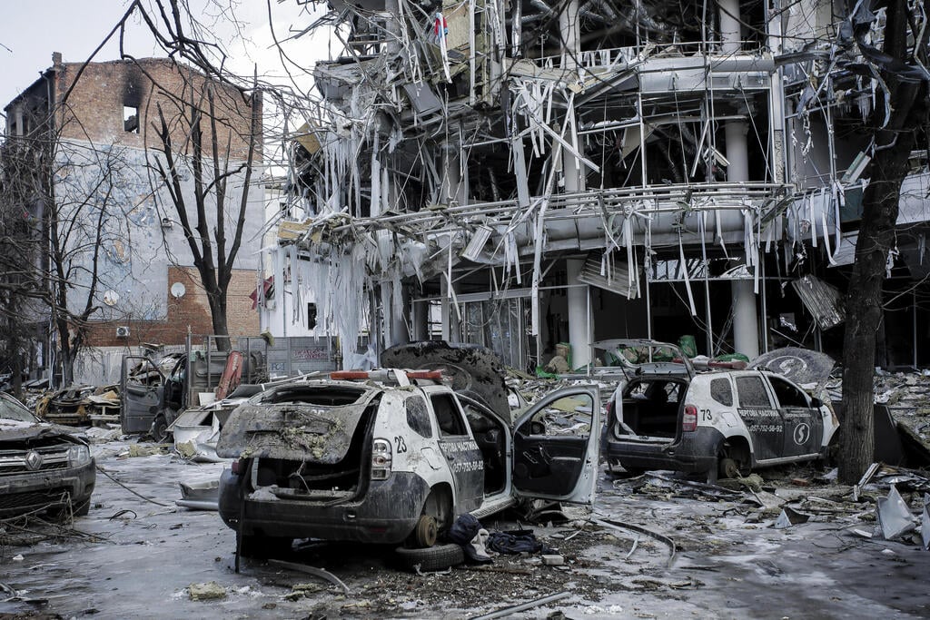 Aftermath of a Russian bombardment in Kharkiv on Wednesday (Photo: AP) Destruction caused by Russian fire in Kharkiv on Wednesday