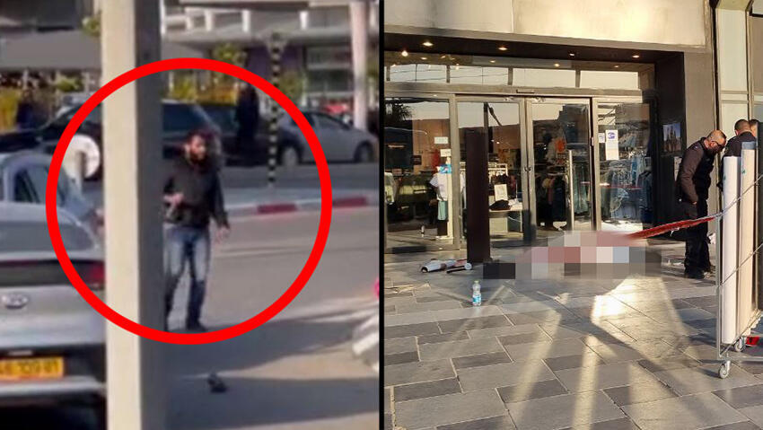 The terrorist pictured with a knife and the store where one of the victims was killed (Photo: Ilana Curiel) אירוע הדקירה בבאר שבע