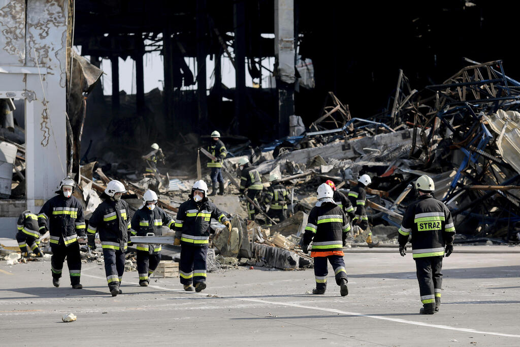 A food depot destroyed by Russian bombing near Kyiv on Tuesday 