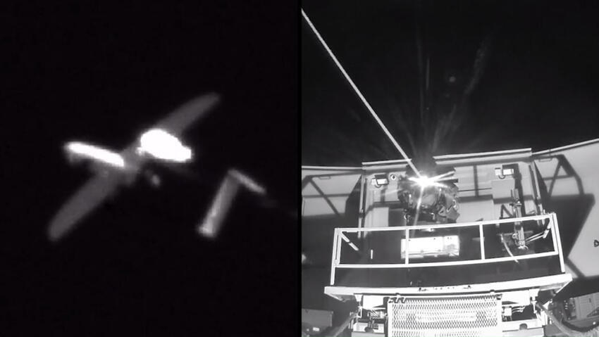 The laser beam fires and hits the drone (Photo: IDF Spokesperson Unit) לראשונה ב עולם ניסויי יירוט לייזר רקטות מל"טים טילי נ"ט תיעוד צה"ל