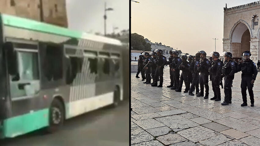 פלסטינים מיידים אבנים לעבר אוטובוס ליד שער האריות