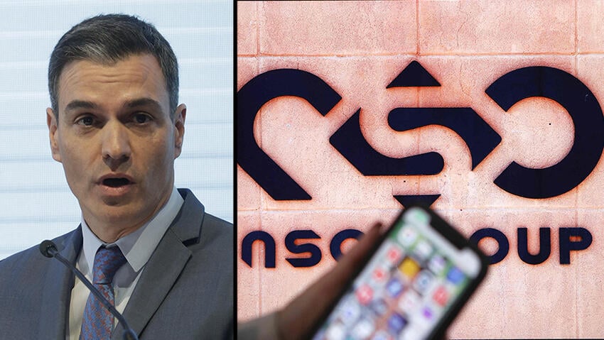 ראש הממשלה פדרו סנצ'ס והלוגו של NSO. סערה גם בספרד (צילום: AFP, EPA) ראש ממשלת ספרד פדרו סנצ'ס