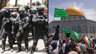 דגלי חמאס בהר הבית, ושוטרים במהלך העימותים אתמול בהלוויית העיתונאית