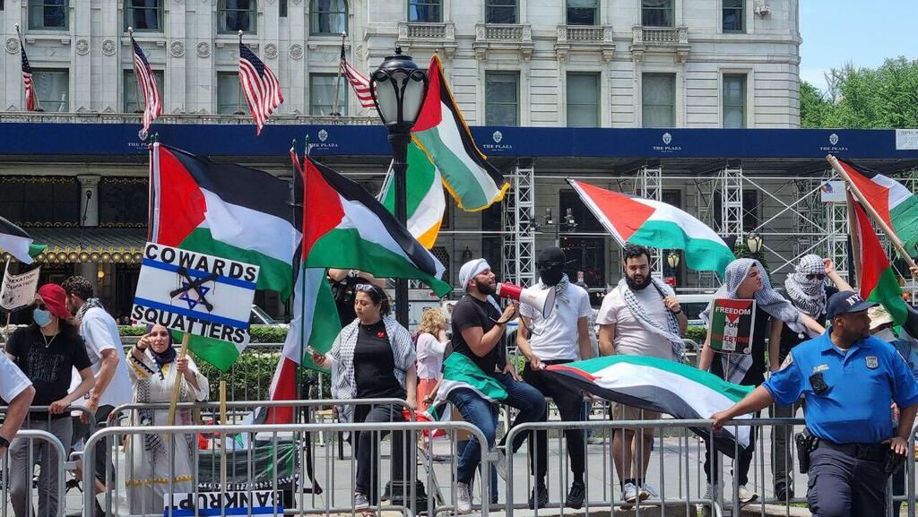 מפגינים בצעדת התמיכה עם דגלי פלסטין