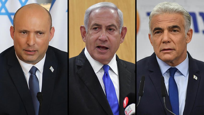 Naftali Bennett, Benjamin Netanyahu, Yair Lapid (Photo: Yoav Dudkevitch, EPA) בנימין נתניהו בישיבת הסיעה