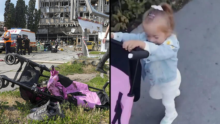 מימין: ליזה דוחפת את העגלה הוורודה. משמאל: העגלה, מיותמת, אחרי ההפצצה הקטלנית (צילום: AP, מתוך אינסטגרם) ליזה עם העגלה הוורודה - שנמצאה הרוסה בזירה