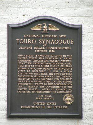 A plaques outside the Newport Touro Synagogue (Photo: Newport website ) A plaques outside the Newport Touro Synagogue