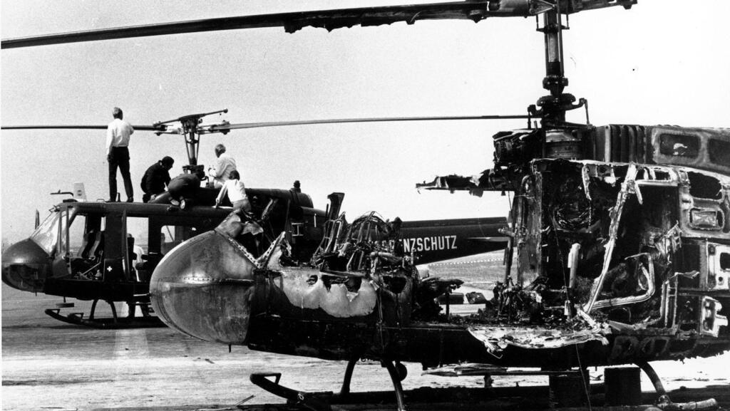 burned-out army helicopter at Fürstenfeldbruck Air Base, after the failed attempt to free the Israeli hostages taken during the 1972 Olympics 