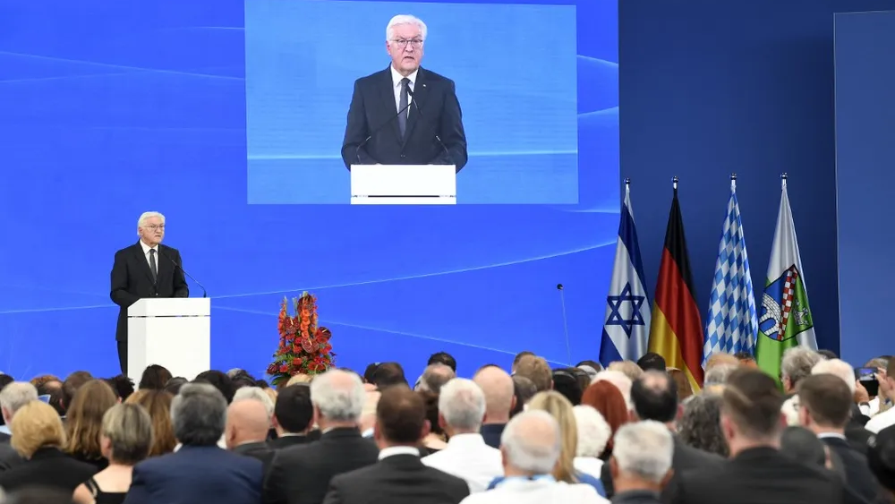 German President Frank-Walter Steinmeier gives a speech during a ceremony to mark the 50th anniversary of an attack on the 1972 Munich Olympics, at the Fuerstenfeldbruck Air Base, southern Germany, on September 5, 2022 