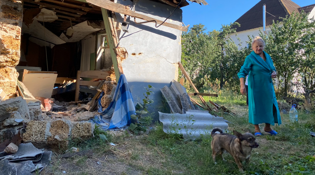 Zhanetta Butenko's house was partially destroyed when a rocket crashed through its roof in early March, in Hostemel, Ukraine 