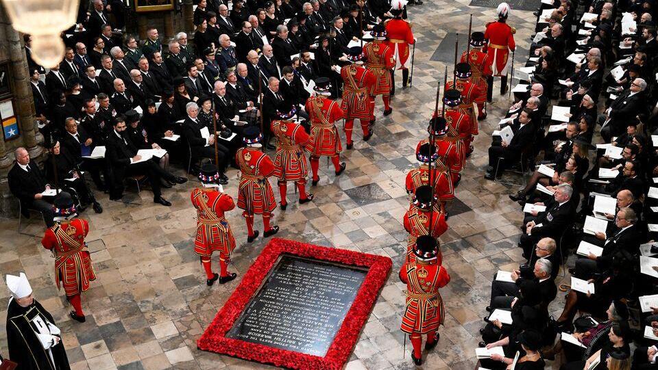  The Yeoman of the Guard arrive in Westminster Abbey during The State Funeral of Queen Elizabeth II 
