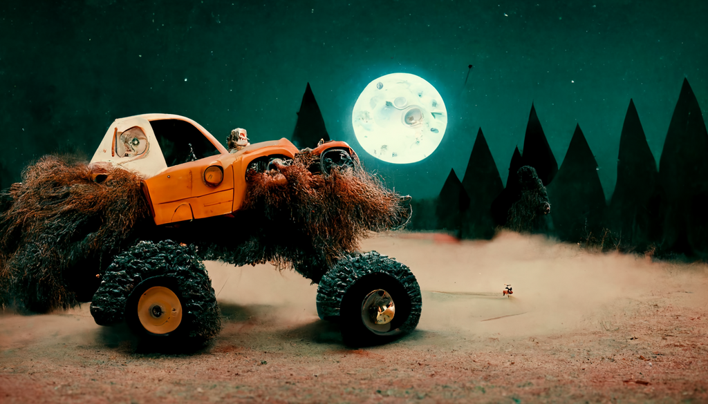  a man with long beard driving a giant monster truck in the forest. from the ISLE OF DOGS film, stop motion, Wes Anderson