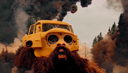 a crazy bearded man with helmet driving a giant monster truck in the forest. fire, smoke, laser, ufo, from the ISLE OF DOGS film, stop motion, Wes Anderson