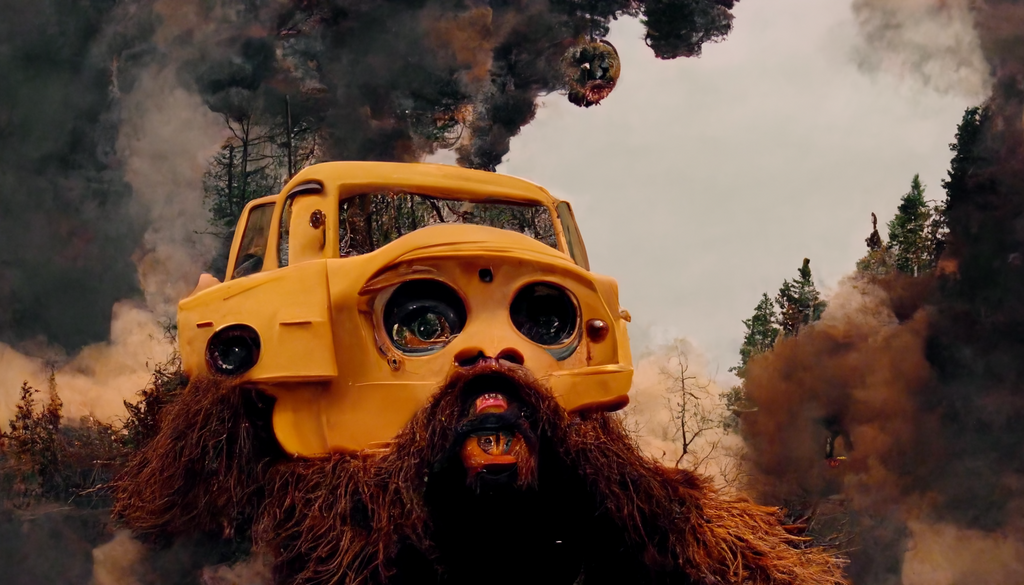 a crazy bearded man with helmet driving a giant monster truck in the forest. fire, smoke, laser, ufo, from the ISLE OF DOGS film, stop motion, Wes Anderson