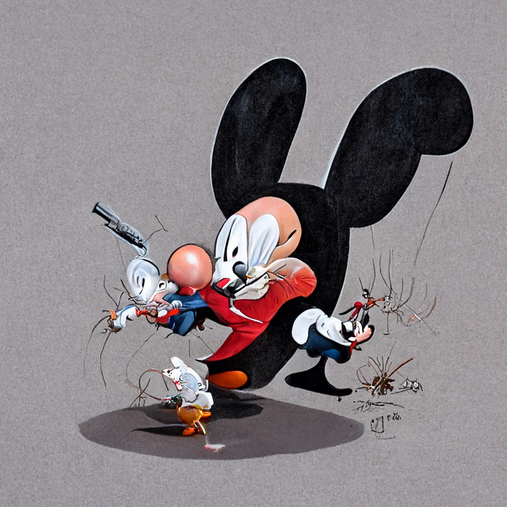 Mickey Mouse helps Bugs Bunny escape from Elmer Fudd, who wants to hunt him down
