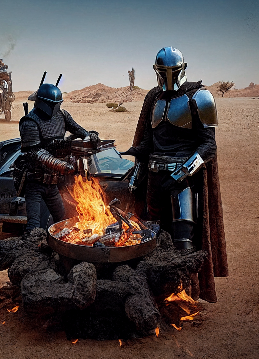 Photo of Ghost Rider and the Knight Rider Having a great BBQ in the Mandalorian's backyard , in Mad Max Movie
