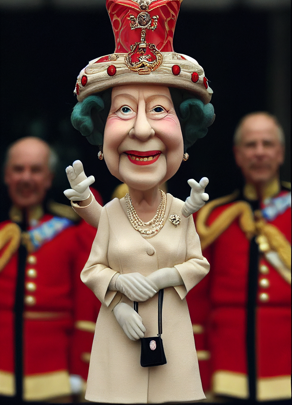 Queen Elizabeth II in front of Buckingham Palace, smiling and waving to the crowd, queen’s guards stand in her sides, in the style of Aardman, made of claymations