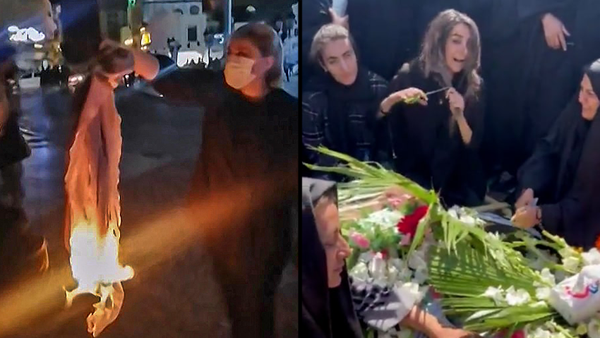 תמונות מאיראן: אישה שורפת את החיג'אב שלה, אחרת גוזרת את שיערה מעל קבר אחיה שנהרג בהפגנות (צילום: AFP, מתוך טוויטר) נשים מפגינות באיראן לאור מותה של מהאסא אמיני