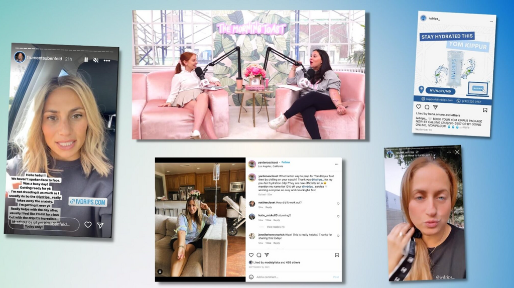 Several Jewish influencers have endorsed the use of IV drips, even in preparation for the Yom Kippur fast (Screenshots via Instagram, YouTube; design by Jackie Hajdenberg) Several Jewish influencers have endorsed the use of IV drips, even in preparation for the Yom Kippur fast