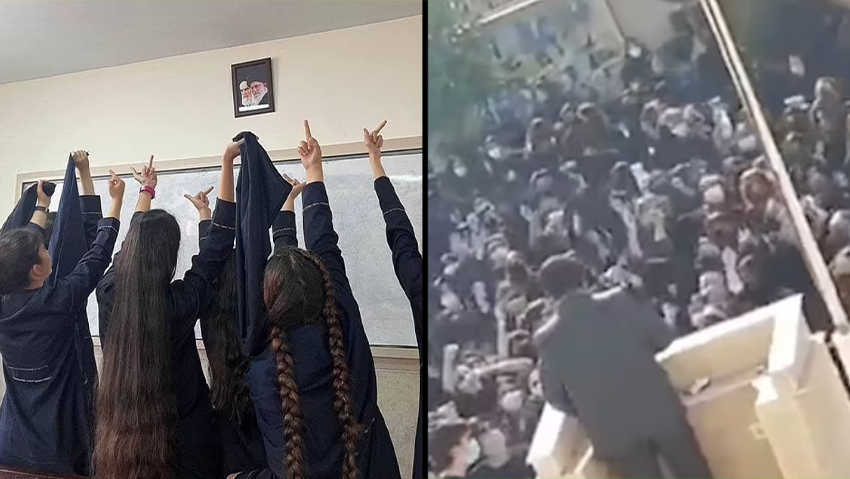 מימין: תלמידות איראניות קוראות בגנות איש בסיג' שנואם בתיכון. משמאל: תלמידות מפנות אצבע משולשת לתמונותיהם של המנהיג העליון עלי חמניאי וקודמו רוחאללה חומייני חצי תלמידות תיכון ב איראן מפנות אצבע משולשת לתמונותיהם של המנהיג העליון עלי חמניאי וקודמו רוחאללה חומיינבריטי תלמידות תיכון קוראות קריאות בגנות איש בסיג' שנאם מולן בתיכון שלפי הדיווחים נמצא בעיר שיראז מחאה איראן חיג'אב