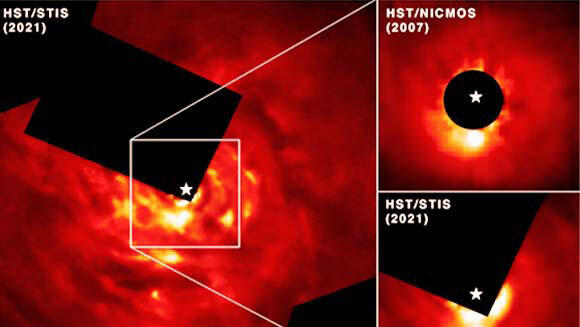 גדול פי תשעה מצדק. קדם-כוכב הלכת AB Aurigae b בתמונות מטלסקופ החלל האבל מ-2007 ומ-2021, מופיע ככתם בוהק מתחת לכוכב Alyssa Pagan, STScI