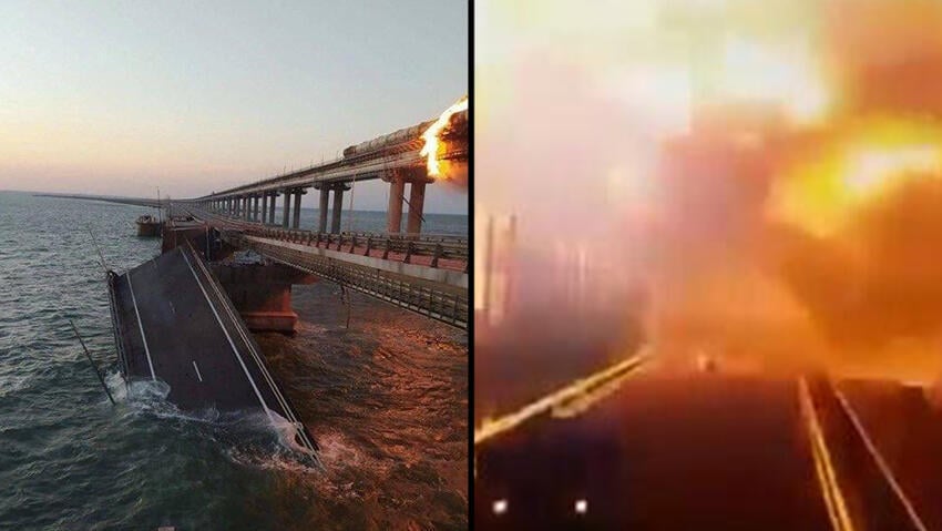 רגעי הפיצוץ בגשר קרים שלשום, והקריסה החלקית של הכביש שם שריפה ב גשר קרץ' שמחבר בין חצי האי קרים ל רוסיה בצל מלחמה ב אוקראינה