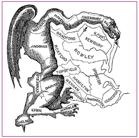 "הג'רימנדר – זן חדש של מפלצת", הקריקטורה שפורסמה במרץ 1812 בעקבות השרטוט מחדש של גבולות מחוז אסקס במסצ׳וסטס, ע"י המושל ג'רי
