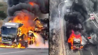 משאית עולה באש בכביש 1 לכיוון ירושלים