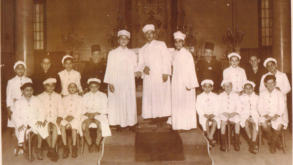 The Jewish choir of Rabbi Moshe Cohen at Samuel Menashe Synagogue in Alexandria, Egypt; date unknown