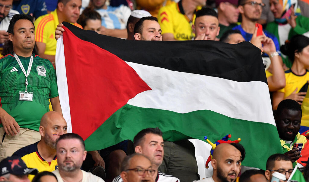 World Cup fans hold up a Palestinian Flag  during games in Qatar 