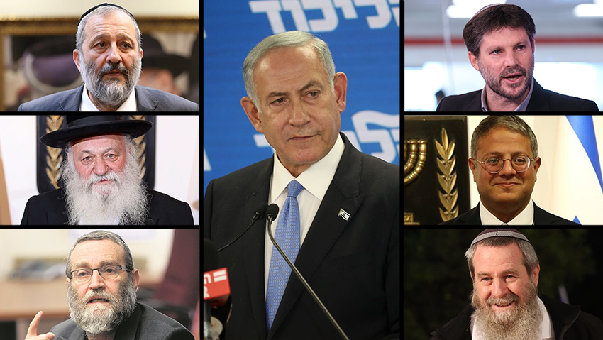 Benjamin Netanyahu (center) with leaders of incoming coalition factions ((Photo: Alex Kolomoisky, Hadar Yoavian, Shaul Golan, Knesset PR)) Benjamin Netanyahu (center) with leaders of incoming coalition factions