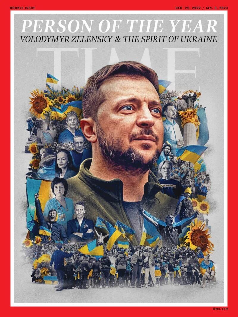 Cover of Time Magazine featuring Zelensky as Person of the Year נשיא אוקראינה וולודימיר זלנסקי נבחר ל אישה השנה 2022 של המגזין טיים