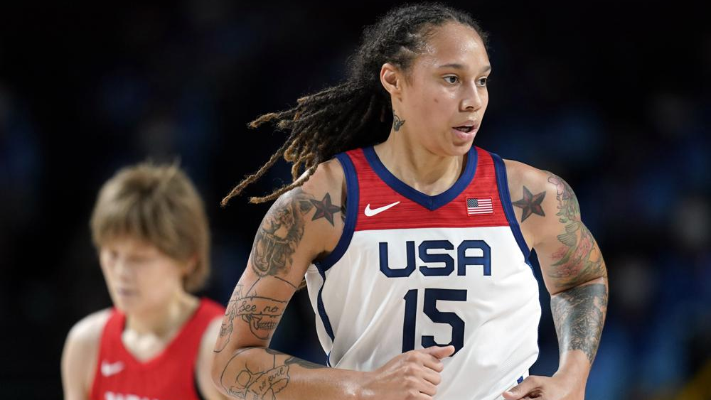 Brittney Griner (15) runs up court during women's basketball gold medal game against Japan at the 2020 Summer Olympics on Aug. 8, 2021, in Saitama, Japan 