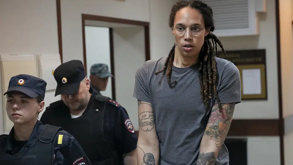 WNBA star and two-time Olympic gold medalist Brittney Griner is escorted from a courtroom after a hearing in Khimki just outside Moscow, on Aug. 4, 2022 (Photo: AP / Alexander Zemlianichenko, File) WNBA star and two-time Olympic gold medalist Brittney Griner is escorted from a courtroom after a hearing in Khimki just outside Moscow, on Aug. 4, 2022