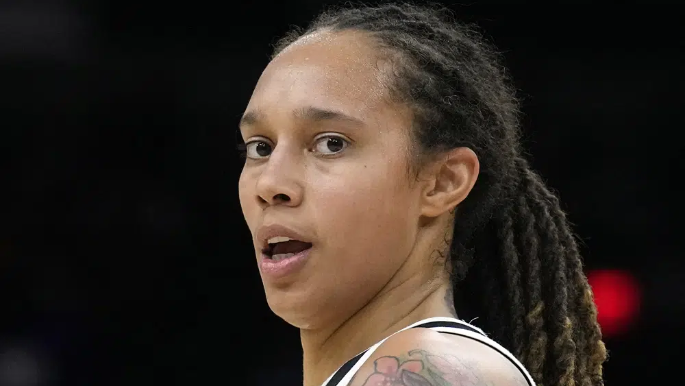 Phoenix Mercury center Brittney Griner during the first half of Game 2 of basketball's WNBA Finals against the Chicago Sky, Oct. 13, 2021, in Phoenix 