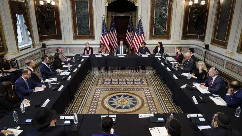 Second Gentleman Douglas Emhoff (C) during a roundtable at the Eisenhower Executive Office Building on December 7, 2022, in Washington, DC