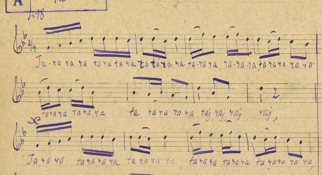 רישום התווים של ניגון חסידי, שנעשה במסגרת משלחת אתנוגרפית בראשות ש' אנ-סקי בעיר ריבנה שבאוקראינה בשנת 1912