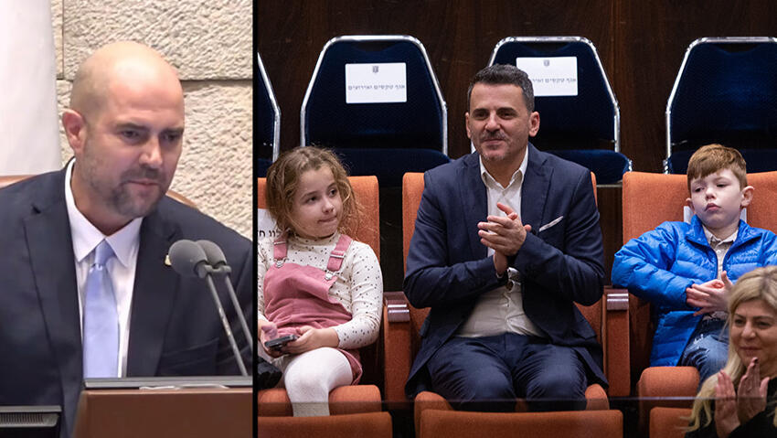 אוחנה, בן זוגו וילדיהם (צילום: אלכס קולומויסקי, ערוץ כנסת) השבעת הממשלה ה-37 במליאת הכנסת