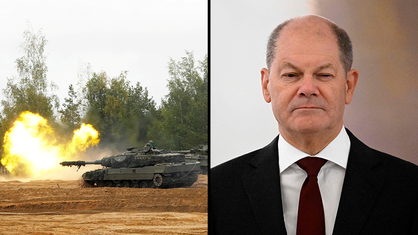 Le chancelier allemand Olaf Schulz et un char Leopard de fabrication allemande lors d'un exercice militaire