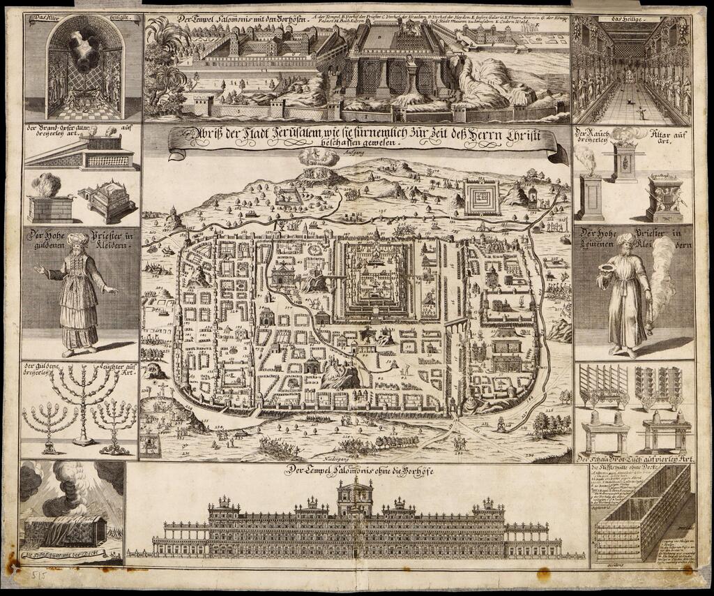 מפה מאמצע המאה ה-17 שמתארת ​​את ירושלים ואת מקדש שלמה.  קשר רופף למציאות
