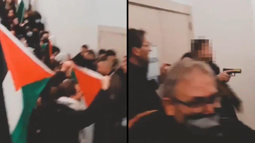 Images de militants du BDS sauvant l'ambassadrice d'Israël en Espagne, Rodica Radian Gordon, par des gardes de sécurité armés de militants pro-palestiniens au milieu d'une conférence commémorant le 30e anniversaire d'Oslo