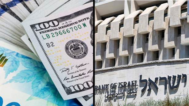 בניין בנק ישראל בירושלים ושטרות של דולר ושקל