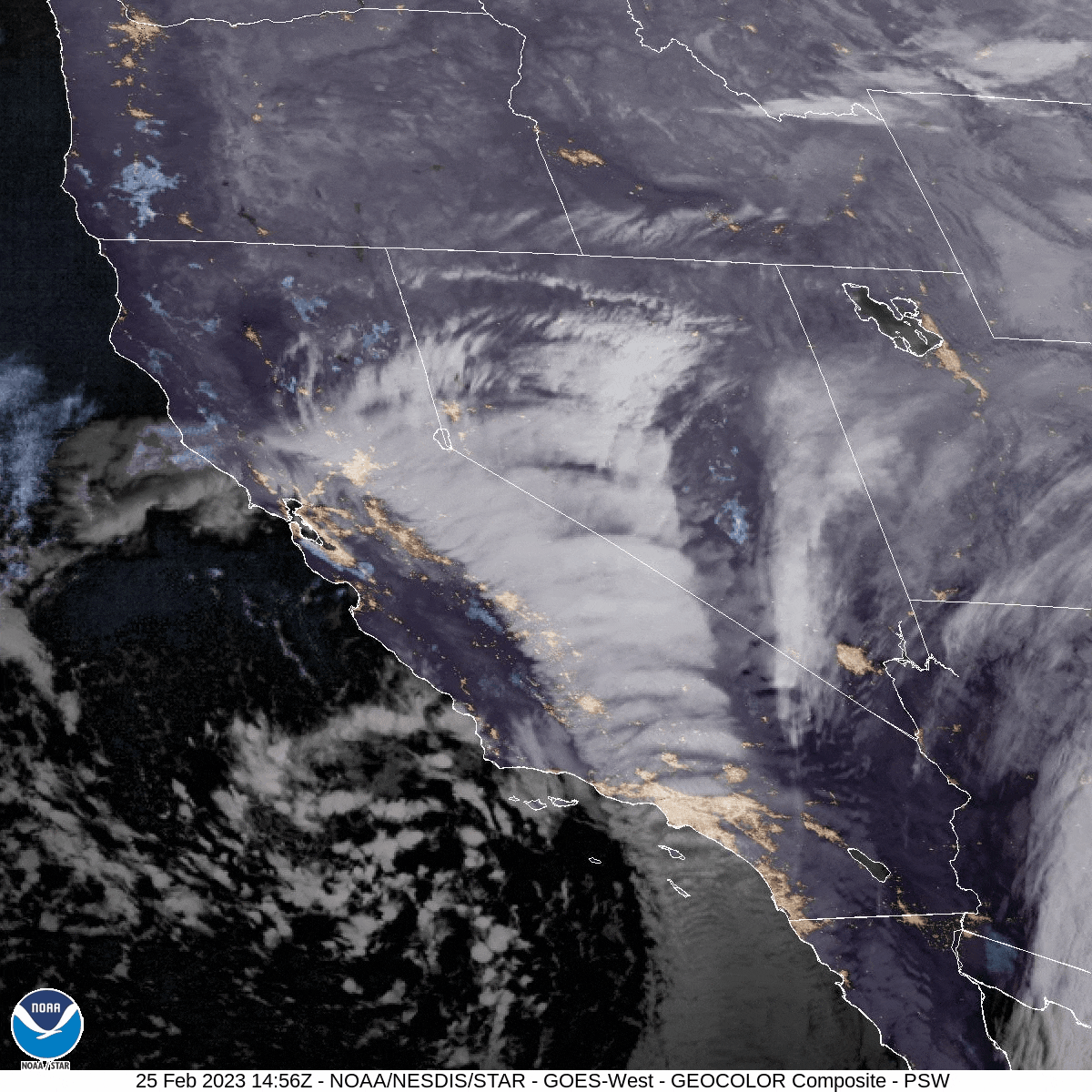 הסופה בקליפורניה, בתיעוד מהחלל (צילום: NOAA) סופה ב קליפורניה בתיעוד לוויין