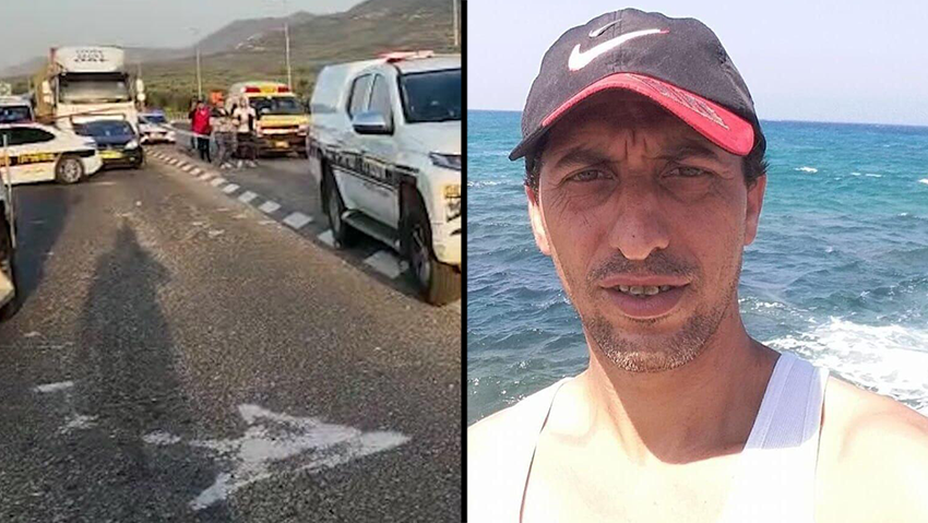 אחמד תיתי וזירת הרצח (צילום: תיעוד מבצעי מד"א) זירת האירוע בכביש 85, סמוך לצומת שבע