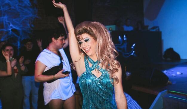 A drag performer at Flaminggg’s Hanukkah party in December 2022 