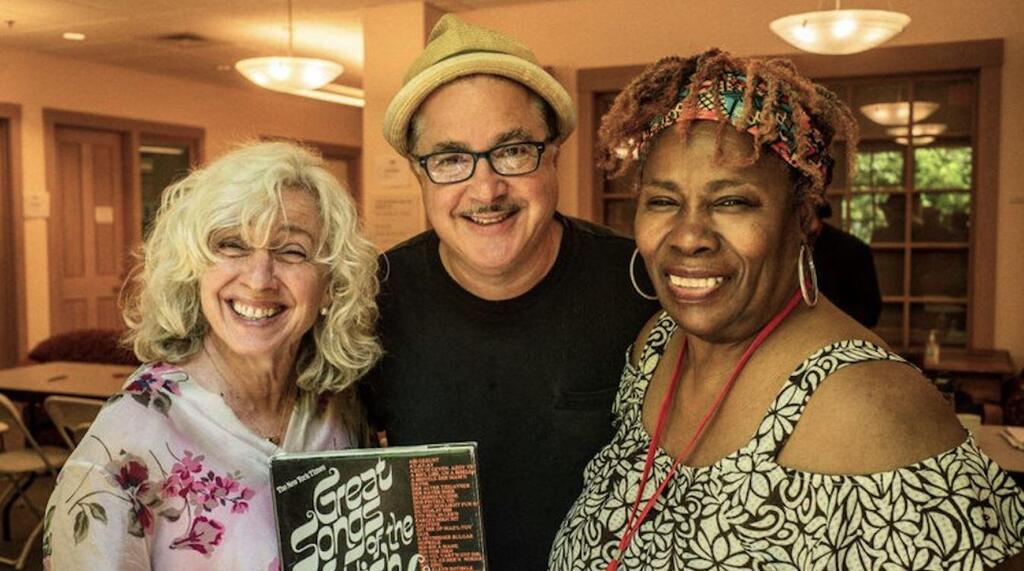 Saxophonist Paul Shapiro is flanked by singers Eleanor Reissa on the left (holding book) and Cilla Owens on the right