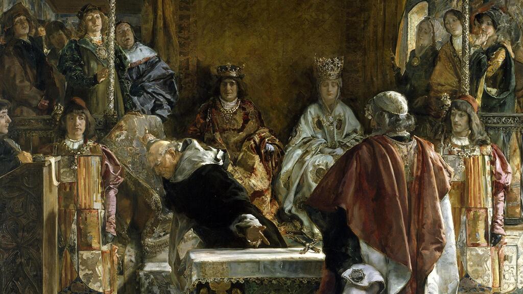 המלכים פרדיננד ואיזבלה חותמים על החוק ל גירוש יהודי ספרד ציור שמן של אמיליו סאלה