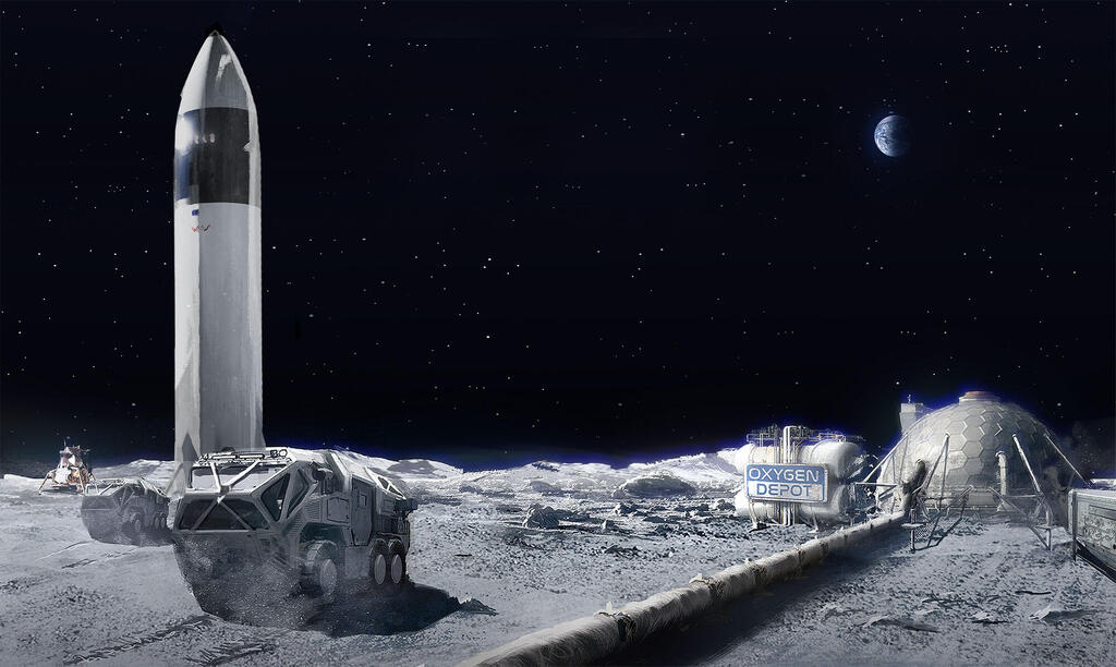 הדמיה של מתקן ליצור חמצן על הירח, כשמצד שמאל ספינת החלל של SpaceX