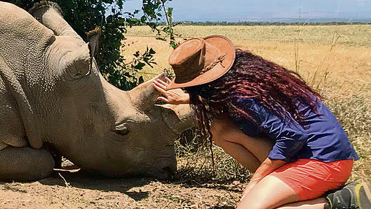 Dr. Nicole Benjamin-Fink with a rhino in the field